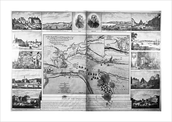 BATTLE OF QUEBEC, 1759. Plan of British and French military operations at the Battle of Quebec, Canada, 13 September 1759, during the French and Indian War, showing various views of the city and portraits (top) of the opposing generals, James Wolfe and the Marquis de Montcalm, both of whom were killed in the battle. Contemporary English line engraving