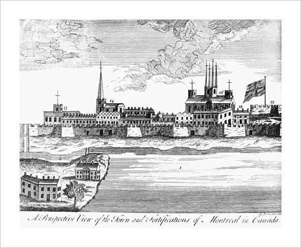 CANADA: MONTREAL, 1760. View of the town and fortifications of Montreal, Canada, on the St. Lawrence River, at the time it was captured by the British during the French and Indian War, 1760. Contemporary line engraving by Daniel Pomarede of Dublin, Ireland