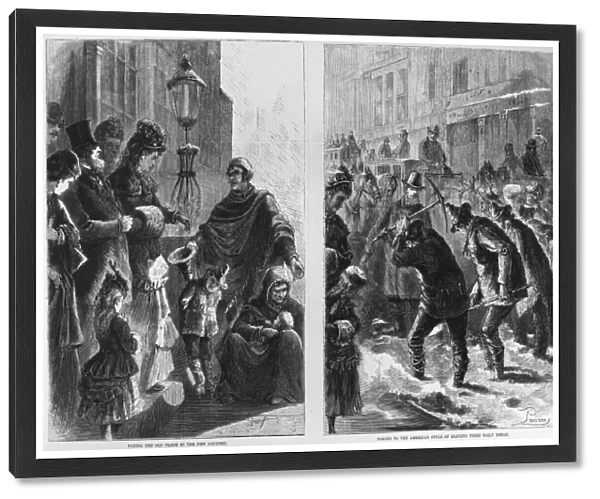 ITALIAN IMMIGRANTS, 1873. Biased depiction of Italian beggars and workers in New York City. Left: Plying the old trade in the new country. Right: Taking to the American style of earning their daily bread. Wood engraving, American, 1873