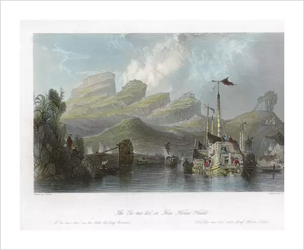 CHINA: MOUNTAINS, 1843. A view of Ou Ma Too, or the Five Horses Heads, on the Pe Kiang River, Guangdong province, China. Steel engraving, English, 1843, after a drawing by Thomas Allom