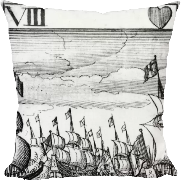 SPANISH ARMADA, 1588. The Spanish Fleete weighing ancor from the River Tagus, the 20th of May 1588. The eight of hearts from a deck of English playing cards depicting the defeat of the Spanish Armada, 1588