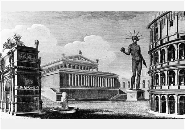 TEMPLE OF VENUS AND ROMA. Reconstruction of the Temple of Venus and Roma, Colossus of Nero and the Colosseum in Rome. Line engraving, Italian, 1831