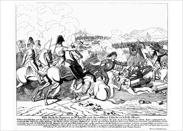 NAPOLEON I: WATERLOO, 1815. Emperor Napoleon I of France fleeing the Battle of Waterloo at La Belle Alliance, 18 June 1815. Contemporary German wood engraving