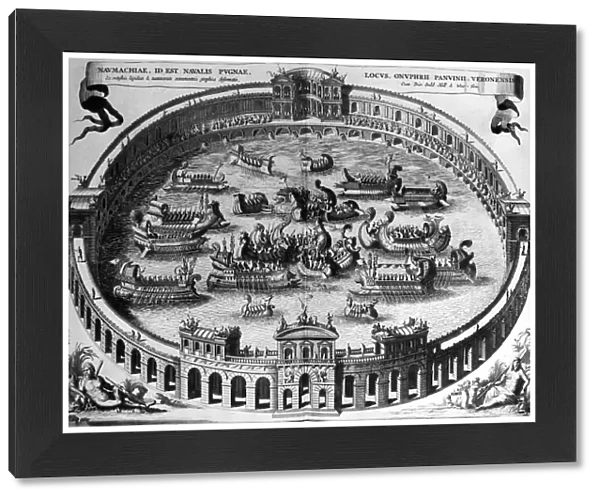 ROME: NAUMACHIA. A naumachia, or staged naval battle, at an arena in ancient Rome. Line engraving, 16th century