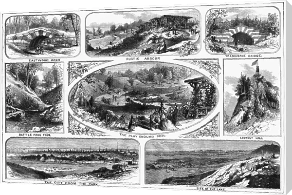 BROOKLYN: PROSPECT PARK. Views of Propsect Park in Brooklyn, New York, and (lower left) a view of Lower Manhattan from Prospect Park. Wood engravings, American, 1868, after drawings by Harry Fenn