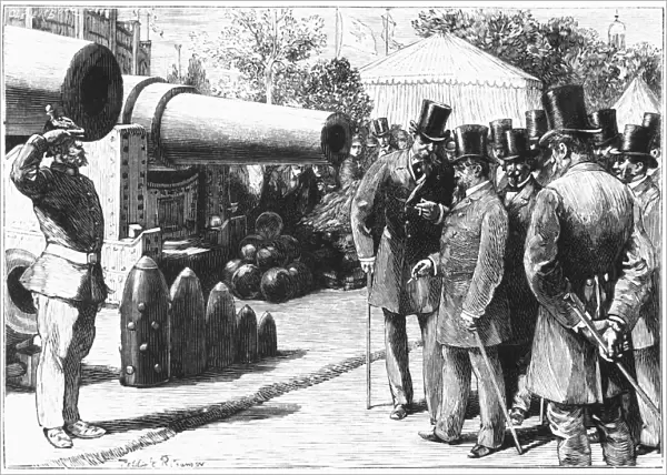NAPOLEON III AT PARIS, 1867. A German soldier salutes Emperor Napoleon III inspecting Krupp cannons at the International Exposition at Paris in 1867, three years before the outbreak of the Franco-Prussian War. Wood engraving, 19th century