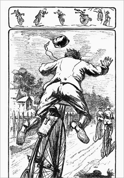 BICYCLE RACE ACCIDENT, 1880. The danger of unpaved roads. Wood engraving, American, 1880