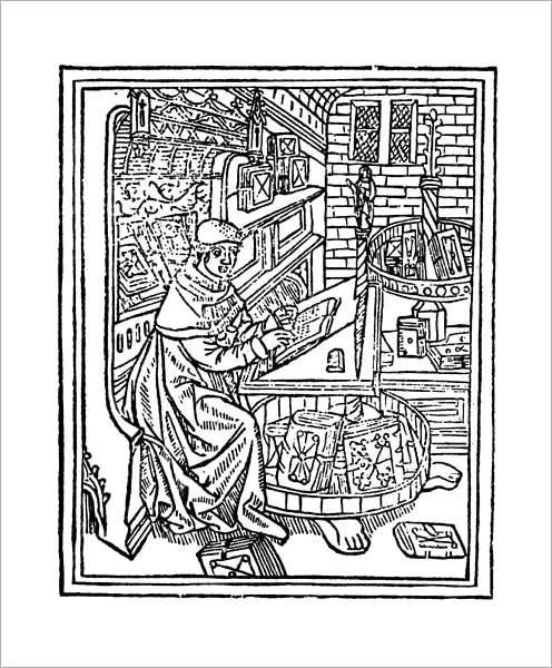 MONK: SCRIBE, 1488-89. Monk seated writing. Woodcut, from the Mer des Hystoires, Paris, 1488-89
