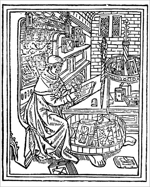 MONK: SCRIBE, 1488-89. Monk seated writing. Woodcut, from the Mer des Hystoires, Paris, 1488-89