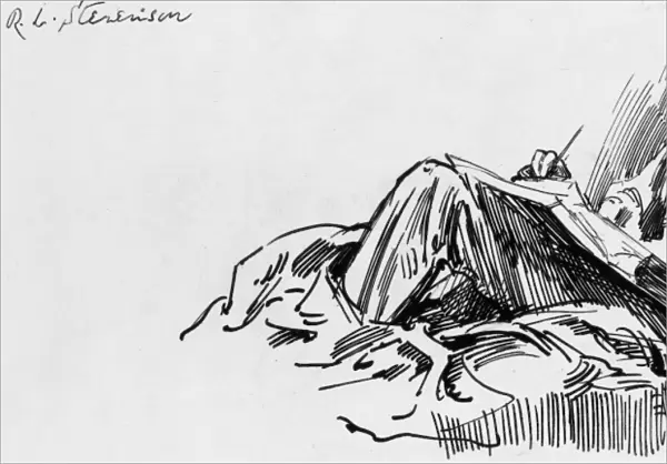 ROBERT LOUIS STEVENSON (1850-1894). Scottish man of letters. Pen-and-ink drawing by Harry Furniss (1854-1925)