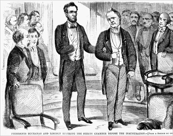 LINCOLNs INAUGURATION. President James Buchanan and Abraham Lincoln entering the Senate chamber before Lincolns inauguration as 16th President of the United States at Washington, D. C. 4 March 1861. Wood engraving from a contemporary American newspaper