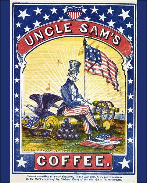 COFFEE LABEL, c1863. Label for Uncle Sams Coffee, with Uncle Sam seated on a cannon, whittling, while stepping on a torn rebel flag. Engraving by Kilburn & Mallory, c1863