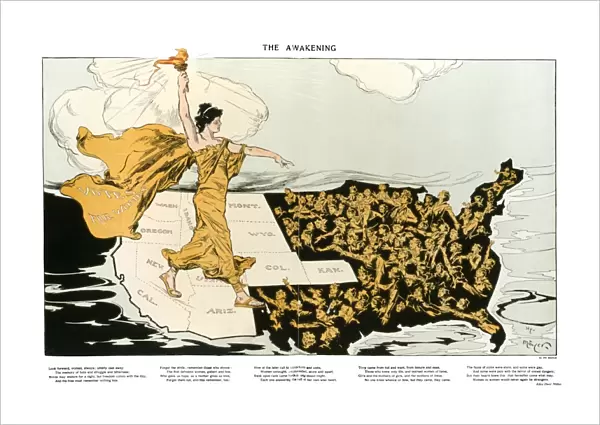 WOMENs SUFFRAGE, 1915. The Awakening. American cartoon, 1915, by Henry Mayer, showing an allegorical representation of the suffrage cause striding across the western states, where women already had the right to vote, toward the east, where women are reaching out to her. Printed below the cartoon is a poem by Alice Duer Miller