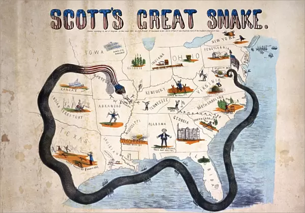 CIVIL WAR: ANACONDA PLAN. Scotts Great Snake or the Anaconda Plan: General Winfield Scotts plan to blockade the Confederacy and conduct a major offensive down the Mississippi River. Lithograph cartoon, Cincinnati, 1861