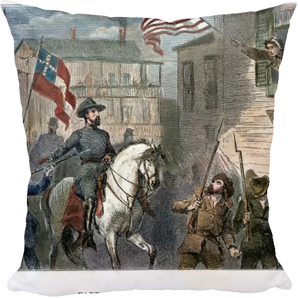 BARBARA FRIETSCHIE (1766-1862). American patriot. Mrs. Barbara Frietschie waving the Union flag above General Stonewall Jackson and his Confederate troops as they marched through Frederick, Maryland, in 1862. Wood engraving, American, 19th century