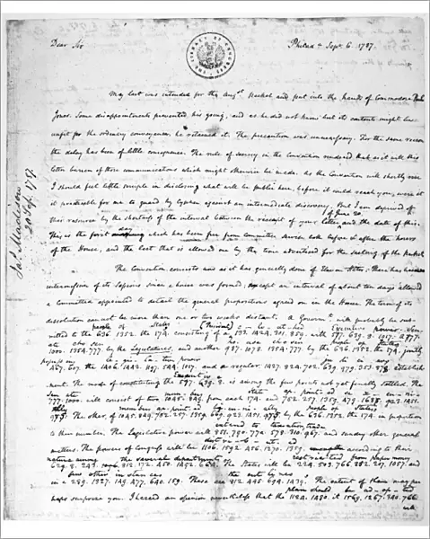 Letter of James Madison from the Constitutional Convention at Philadelphia to Thomas Jefferson at Paris, 6 September 1787, showing the use of ciphers in the correspondence between the two statesmen