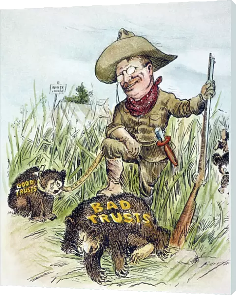 American cartoon by Clifford Berryman, c1909, showing President Theodore Roosevelt slaying those trusts he considered bad for the public interest while restraining those whose business practices he considered good for the country