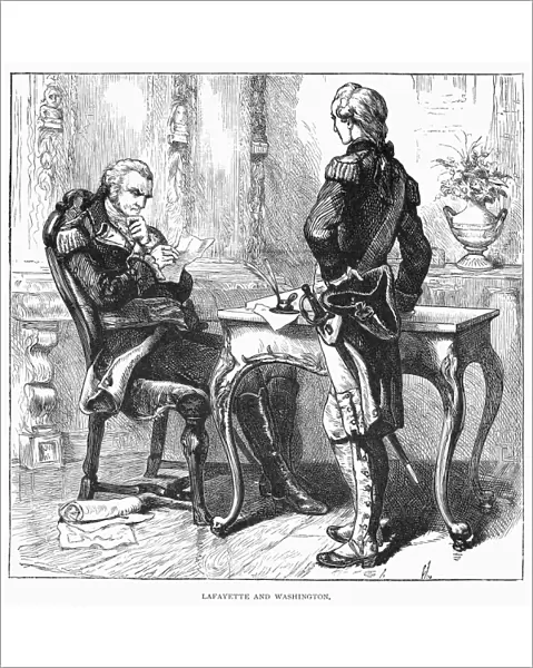 (1732-1799). 1st President of the United States. Washington (seated) with the Marquis de Lafayette during the American Revolutionary War, c1778. Wood engraving, American, 1887