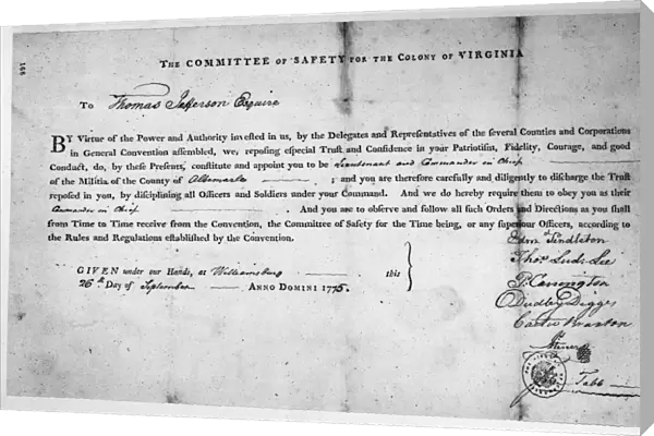 Commission to Thomas Jefferson as Commander in Chief of the militia of Abermarle County, Virginia, 26 September 1775