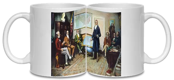 The Birth of the Monroe Doctrine. Left to right: John Quincy Adams, William Harris Crawford, William Wirt, President James Monroe, John C. Calhoun, Daniel D. Tompkins, and John McLean. After the painting by Clyde O. DeLand