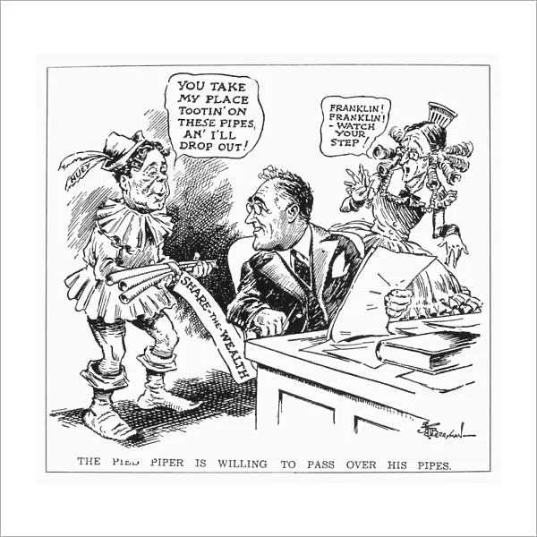 President Franklin D. Roosevelt displaying some interest in adopting the Share the Wealth (i. e. soak the rich) programs of Senator Huey P. Long, costumed here as the Pied Piper. Cartoon by James T. Berryman, 1934