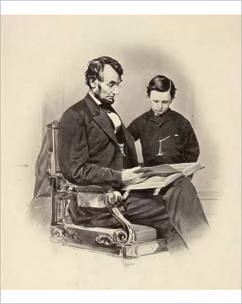 16th President of the United States. Lincoln and his son Thomas ( Tad ) looking at a photograph album in Mathew Bradys Washington, D. C. studio. Photographed by Anthony Berger on 9 February 1864