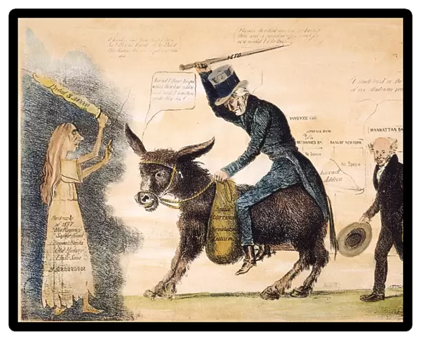 The moderen Balaam and his ass. An American cartoon placing the blame for the panic of 1837 and the perilous state of the banking system on outgoing president Andrew Jackson, shown riding a donkey in its cartoon debut as the symbol of the Democratic Party