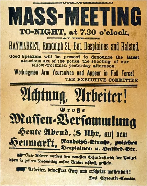 Handbill in English and in German calling the mass meeting at Haymarket Square, Chicago, May 4, 1886