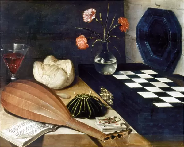 Still Life with Chessboard. Oil on wood by Lubin Baugin (1612-1663)