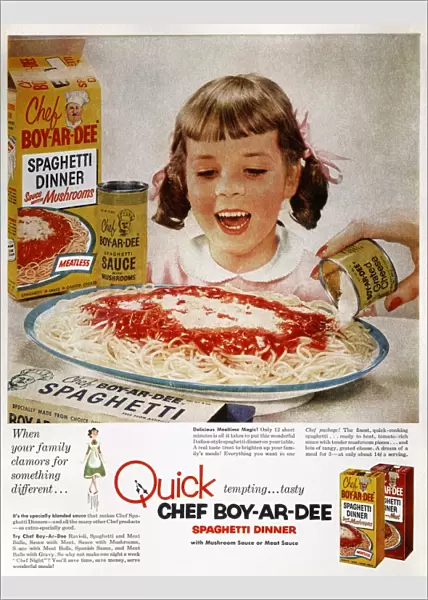 Advertisement for Chef Boy-Ar-Dees Quick, tempting... tasty spaghetti dinner, from an American magazine of 1954