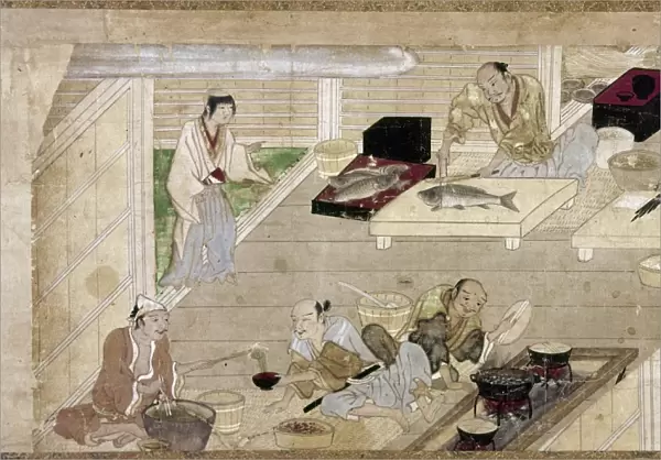 Cooks prepare cormorant, carp, and vegetables. Japanese painted scroll, color on paper, late 14th century