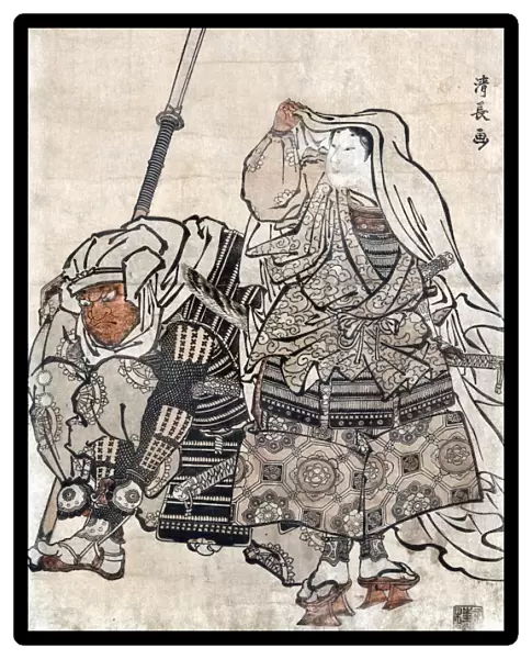 Saito Musashibo Benkei (1155-1189), a Japanese warrior monk, holding a naginata, a long pole with a sword-like blade. He confronts a young Minamoto no Yoshitsune (1159-1189), a general of the Minamoto clan, who holds a cloth over his head, leading Benkei to mistake him for a woman. Japanese woodcut by Kiyonaga Torii, 1780s