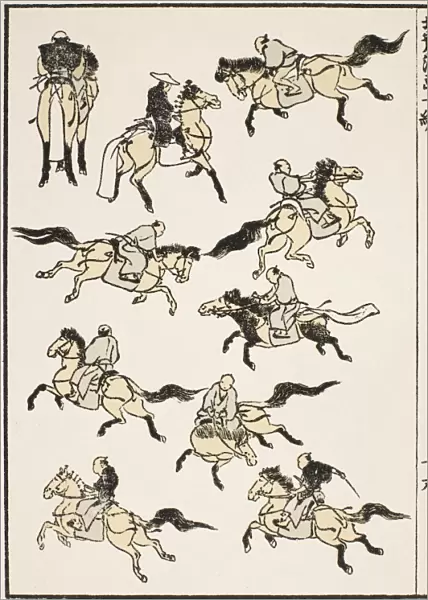 Samurai practicing horsemanship. The tail-covers on the horses were common on ceremonial occasions. Woodblock print, 1817, from the Manga of Katsushika Hokusai