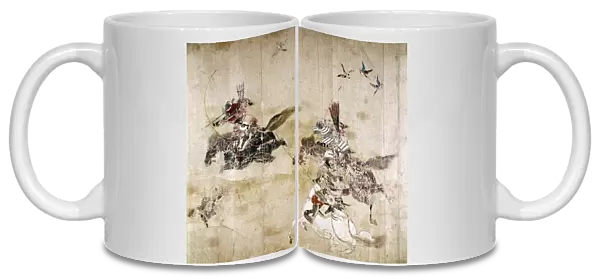 Warrior hero, Minamoto Yoshiiye, determined the position of his enemy by observing the direction of flying geese during the Gosannen War, or Later Three Years War (c1086-89). Scroll painting, 12th century