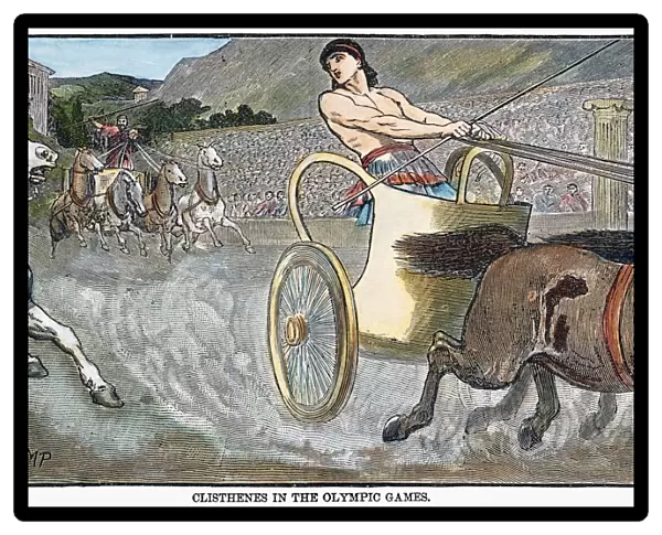 Cleisthenes of Sicyon (c600-570 B. C. ) winning the chariot race at the Olympic Games in ancient Greece, 582 B. C. : engraving, 19th century