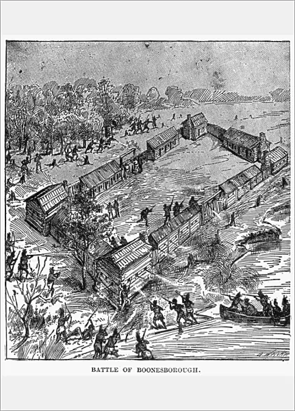 Shawnee Native Americans besieging Fort Boonesborough on the Kentucky frontier during the American Revolution, September 1778. Line engraving, 19th century