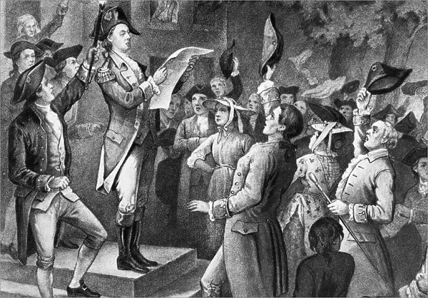Liutenant Colonel Tench Tilghman of General Washingtons staff announcing the surrender of Cornwallis from the steps of the State House in Philadelphia, 23 October 1781. American lithograph by Currier & Ives, 1876