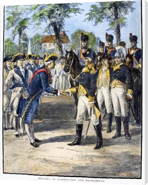 (1725-1807). Jean Baptiste Donatien de Vimeur. French soldier. The meeting of Comte de Rochambeau and General George Washington at Wethersfield, Connecticut, May 1781. Wood engraving, American, late 19th century, after A. R. Waud