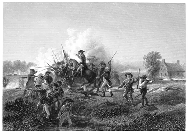 William Alexander, Lord Stirling, commanding American troops at the Battle of Long Island, 27 August 1776. Line engraving after Alonzo Chappel, 19th century