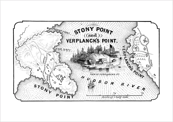 Map of Stony Point and Verplancks Point on the Hudson River, held and fortified by the British from late May 1779 till they were captured by American troops led by Anthony Wayne, 16 July 1779. Wood engraving, American, 1852