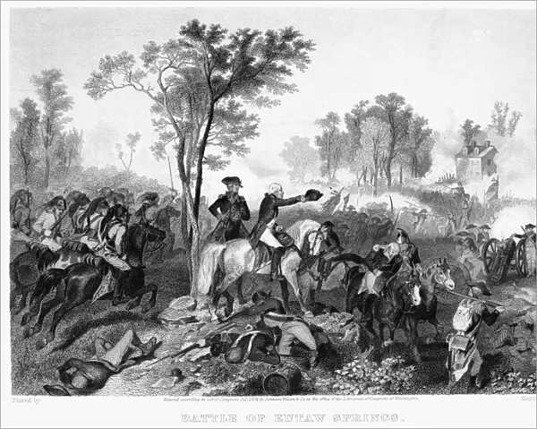 Major General Nathaniel Greene (waving hat) at the Battle of Eutaw Springs, South Carolina, during the American Revolution, 8 September 1781. Steel engraving, 1874