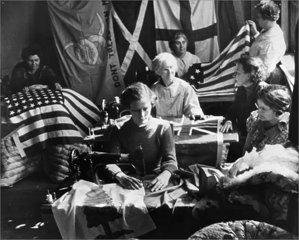 Women employed by the Works Progress Administration sewing American flags in Miami, Florida. Photograph, c1938