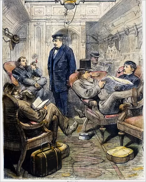 The smoking saloon in a Pullman parlor car on the Pennsylvania Railroad between New York and Philadelphia. Wood engraving, American, 1876