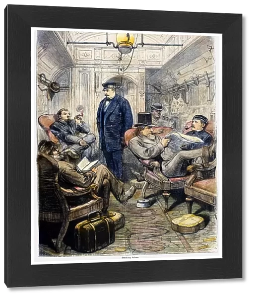 The smoking saloon in a Pullman parlor car on the Pennsylvania Railroad between New York and Philadelphia. Wood engraving, American, 1876