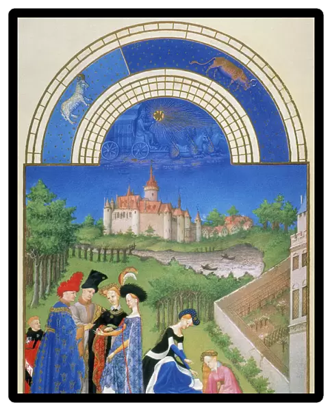 A betrothed couple exchanging rings in April: illumination from the 15th century manuscript of the Tres Riches Heures of Jean, Duke of Berry