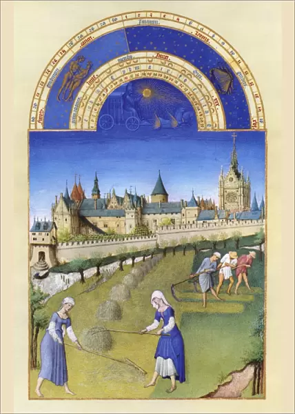 Mowing, raking, and stacking hay on the outskirts of Paris in June. Illumination from the 15th century manuscript of the Tres Riches Heures of Jean, Duke of Berry