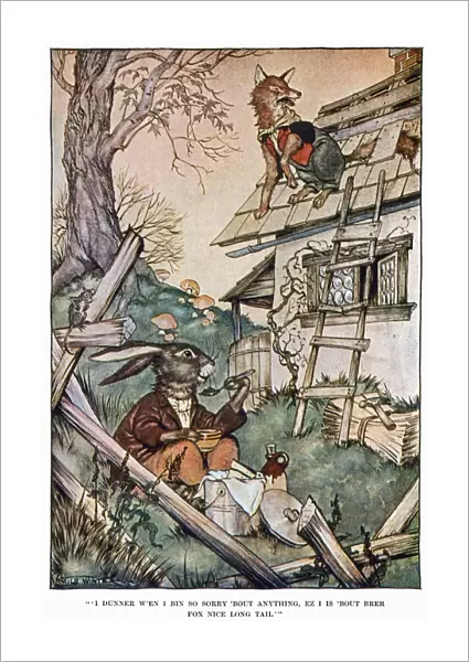 Brer Rabbit and Brer Fox, trapped on the roof. Illustration by Milo Winter from a 1917 edition of the African American folktale by Joel Chandler Harris