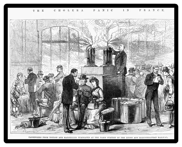 Rail passengers from the south of France fumigated upon their arrival in Paris, France, during the cholera epidemic of 1884. Wood engraving, English, 1884