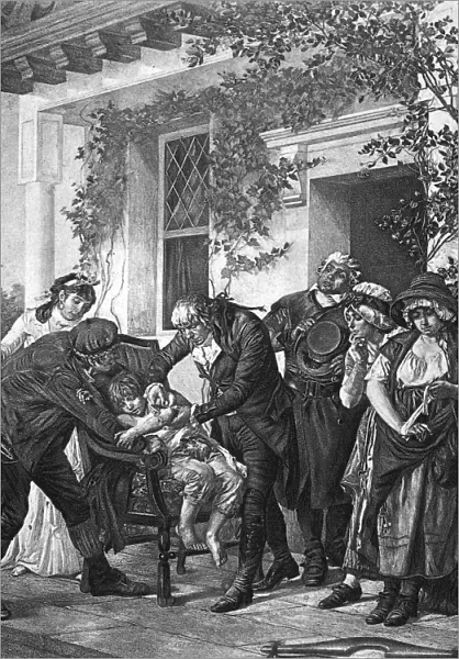 The First Vaccination by Doctor Jenner, 14 May 1796. Photogravure, late 19th century, after a painting by Georges Gaston Melingue (1840-1914)