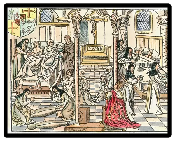 Interior of the hospital Hotel-Dieu in Paris. Color French woodcut, c1500